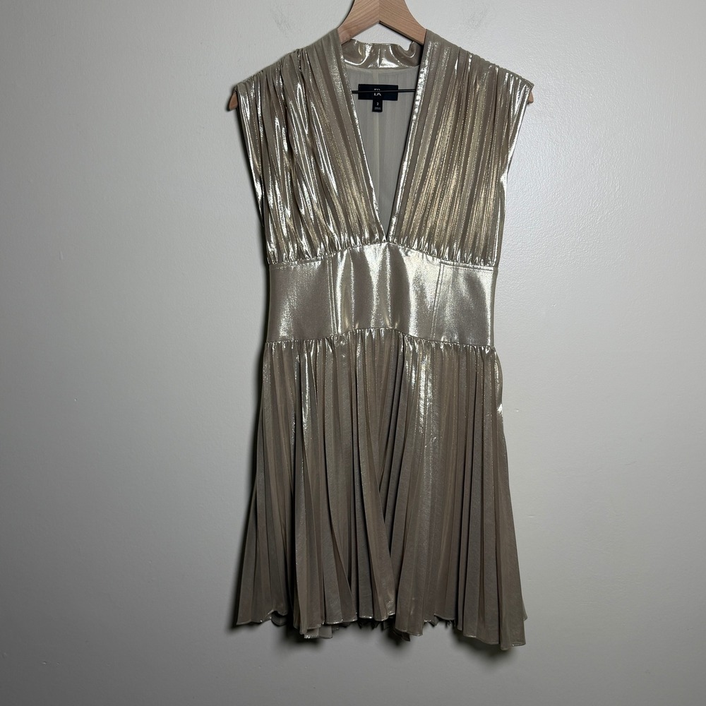 Banana Republic Womens Dress 2 Gold Metallic Pleated V-Neck Eve Party Holiday
